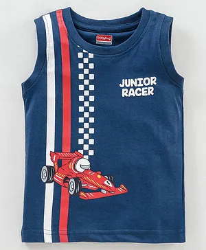 Babyhug Sleeveless Tshirt Racer Car Print - Dark Blue