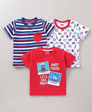 Babyhug Half Sleeves Cotton Printed and Striped T-shirts Set of 3 - Red White Blue