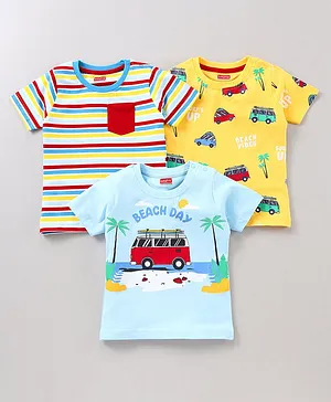 Babyhug Half Sleeves Tees Beach Print Pack of 3 - Yellow Sky Blue