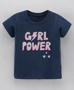 Enfance Core Half Sleeves Girl Power Printed Crop T-Shirt - Navy Blue