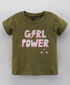 Enfance Core Half Sleeves Girl Power Printed Crop T-Shirt - Olive Green