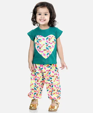 BownBee Cap Sleeves Printed Heart Patch Top And Harem Pants - Blue