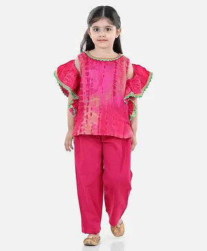BownBee Cold Shoulder Half Sleeves Ruffle Detailing Top With Solid Pants - Pink