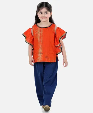 BownBee Cold Shoulder Half Sleeves Ruffle Detailing Top With Solid Pants - Orange And Blue