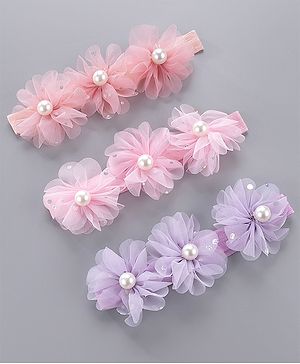 Babyhug Pearl Embellished Floral Headbands Pack Of 3 - Pink, Peach & Purple
