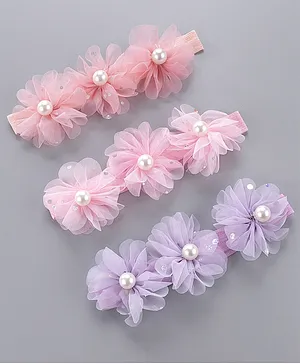 Babyhug Pearl Embellished Floral Headbands Pack Of 3 - Pink, Peach & Purple 