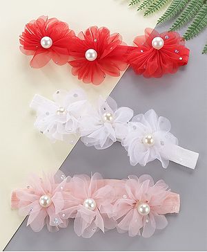 Babyhug Pearl Embellished Floral Headbands Pack Of 3 - Multicolour