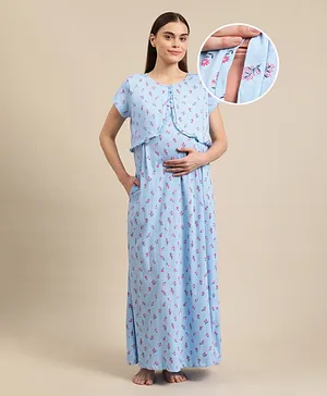 Bella Mama Half Sleeves Maternity & Nursing Nighty Floral Print - Blue