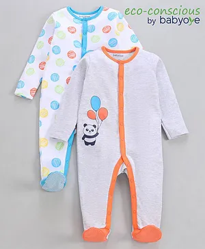 Babyoye 100% Cotton Sleep Suits Polka Dots & Panda - White