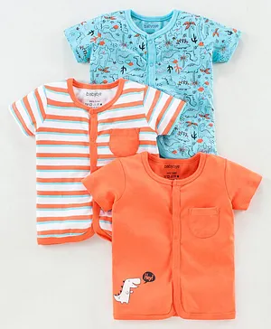 Babyoye 100% Cotton Half Sleeves Vests Multi Print Pack of 3 - Orange Blue