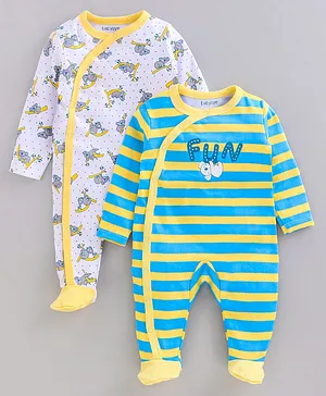 Babyoye 100% Cotton Sleep Suits Animal Print & Striped Pack of 2 - Blue White