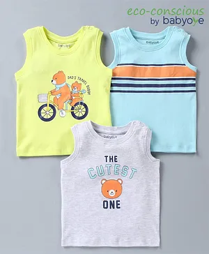 Babyoye Cotton Sleeveless T-Shirt Bear Print Pack of 3 - Yellow Blue Grey