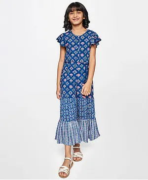 Global Desi Girl Flutter Sleeves Jumpsuit Floral Print - Indigo Blue