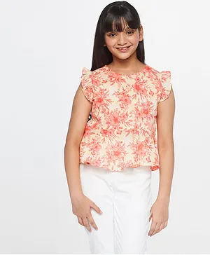 Global Desi Girl Frill Sleeves Flared Top Floral Print- Peach