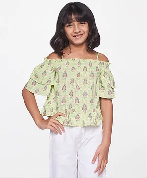 Global Desi Girl Half Sleeves Off Shoulder Top Floral Print - Green
