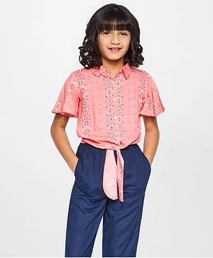 Global Desi Girl Half Sleeves Top with Tie-Ups Tie & Geometric Print - Pink
