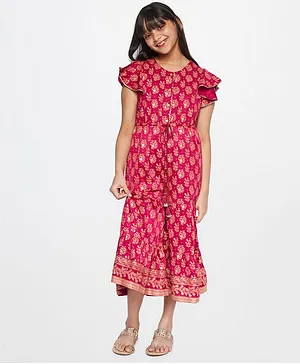 Global Desi Girl Frill Sleeves Jumpsuit Floral Print - Maroon