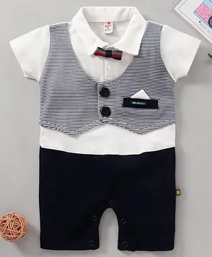 BRATS AND DOLLS Half Sleeves Striped Party Romper with Bow - Navy