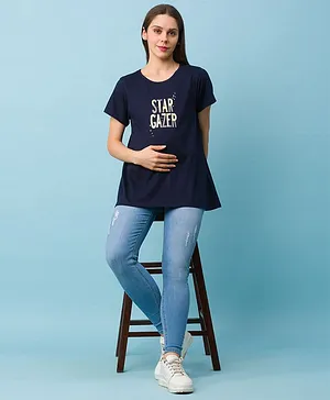Bella Mama Half Sleeves Maternity Tee Text Print - Navy Blue