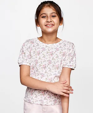 AND Girl Half Sleeves Straight Top Floral Print - Light Grey