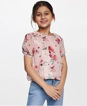 AND Girl Half Sleeves Straight Top Floral Print - Pink