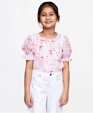 AND Girl Half Sleeves Straight Top Floral Print - Pink