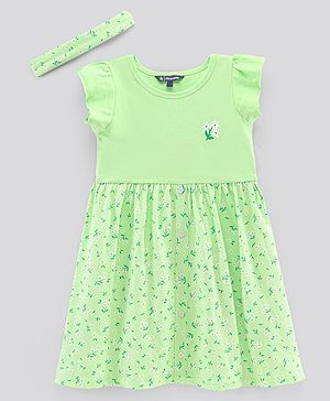 Pine Kids Half Sleeves Bio Wash Frock with Headband Floral Print- Green