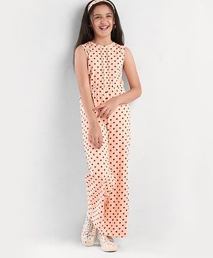 Pine Kids Sleeveless Biowashed Jumpsuit With Headband Polka Print - Peach