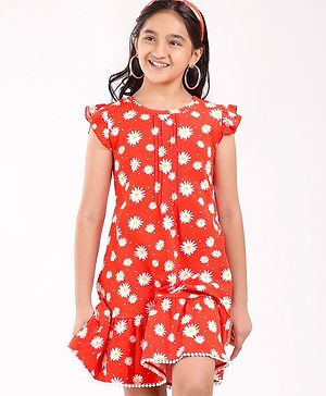 Pine Kids Cap Sleeves Cotton Frock with Headband Floral Print - Red