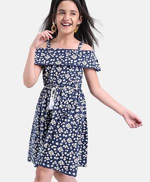 Pine Kids Cold Shoulder Sleeves Floral Print Dress- Blue