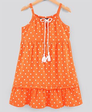 Pine Kids Sleeveless Bio Wash Frock Polka Dot Print- Orange
