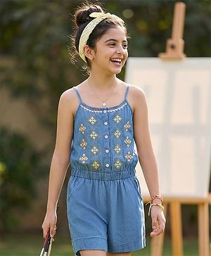 Pine Kids Singlet Denim Jumpsuit Geometric Embroidery - Light Blue