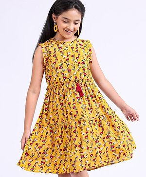 Pine Kids Sleeveless Knee Length Frock Floral Print - Yellow