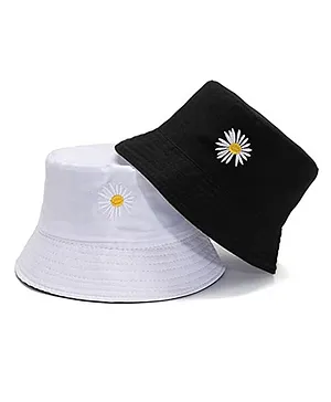 SYGA Reversible Bucket Hat Solid With Floral Embroidered White Black - Diameter 27 cm