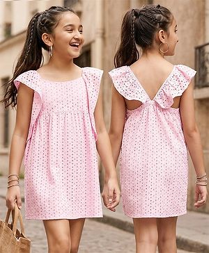 Pine Kids Sleeveless Cotton Schiffli Frock Solid- Pink