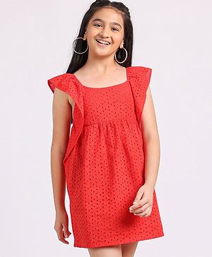 Pine Kids Sleeveless Cotton Schiffli Frock Solid- Red
