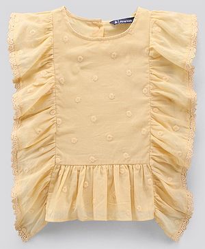 Pine Kids Flutter Sleeves Cotton Dobby Embroidered Top - Light Yellow