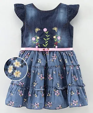 Enfance Core Cap Sleeves Flower Print & Embroidery Layered Denim Style Dress - Blue
