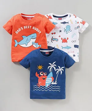 Babyhug Half Sleeves T-shirts Fish Print Pack of 3 - Orange White Blue