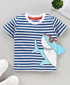 Babyhug Half Sleeves T-Shirt Stripes & Shark Print - Blue