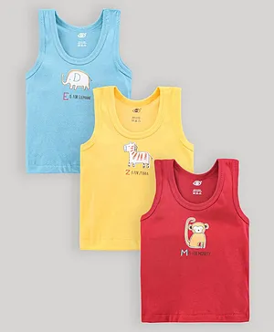 Zero Sleeveless Cotton Vests Elephant Zebra And Monkey Print Pack Of 3 - Yellow Red Blue