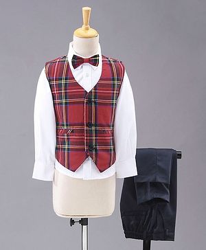Babyhug Full Sleeves Checks Party Suit with Bow - Maroon Navy