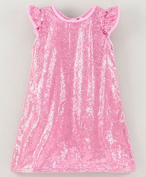 Babyhug Sleeveless Sequin Frock Flower Applique - Pink