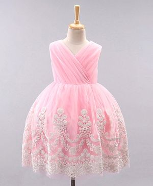 Babyhug Sleeveless Embroidered Party Wear Frock - Pink