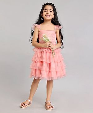 Babyhug Frill Sleeves Party Wear Tutu Tiered Frock with Sequins Applique - Peach