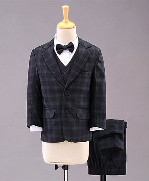 Babyhug Full Sleeves Party Wear Suit with Waistcoat & Bow - Navy Blue