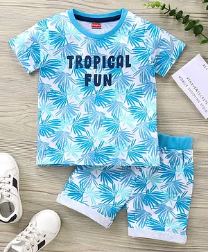Babyhug Half Sleeves Tee & Shorts Set Tropical Print - Blue