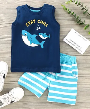 Babyhug Sleeveless T-Shirt & Shorts Set Shark Print - Navy