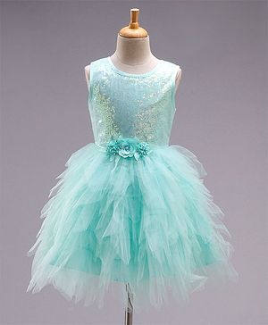 Babyhug Sleeveless Sequined Party Wear Asymmetrical Fit and Flare Frock with Corsage - Mint