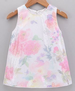Babyhug Sleeveless A Line Sequined Party Wear Frock with Floral Pattern - Multicolor